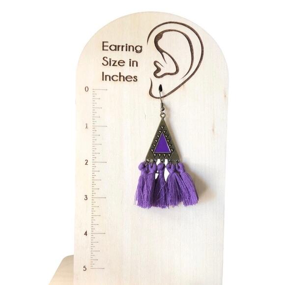 Boho Festival Copper Sphere Metalwork Agate Beads Purple Tassel Dangle Earrings - Picture 15 of 16